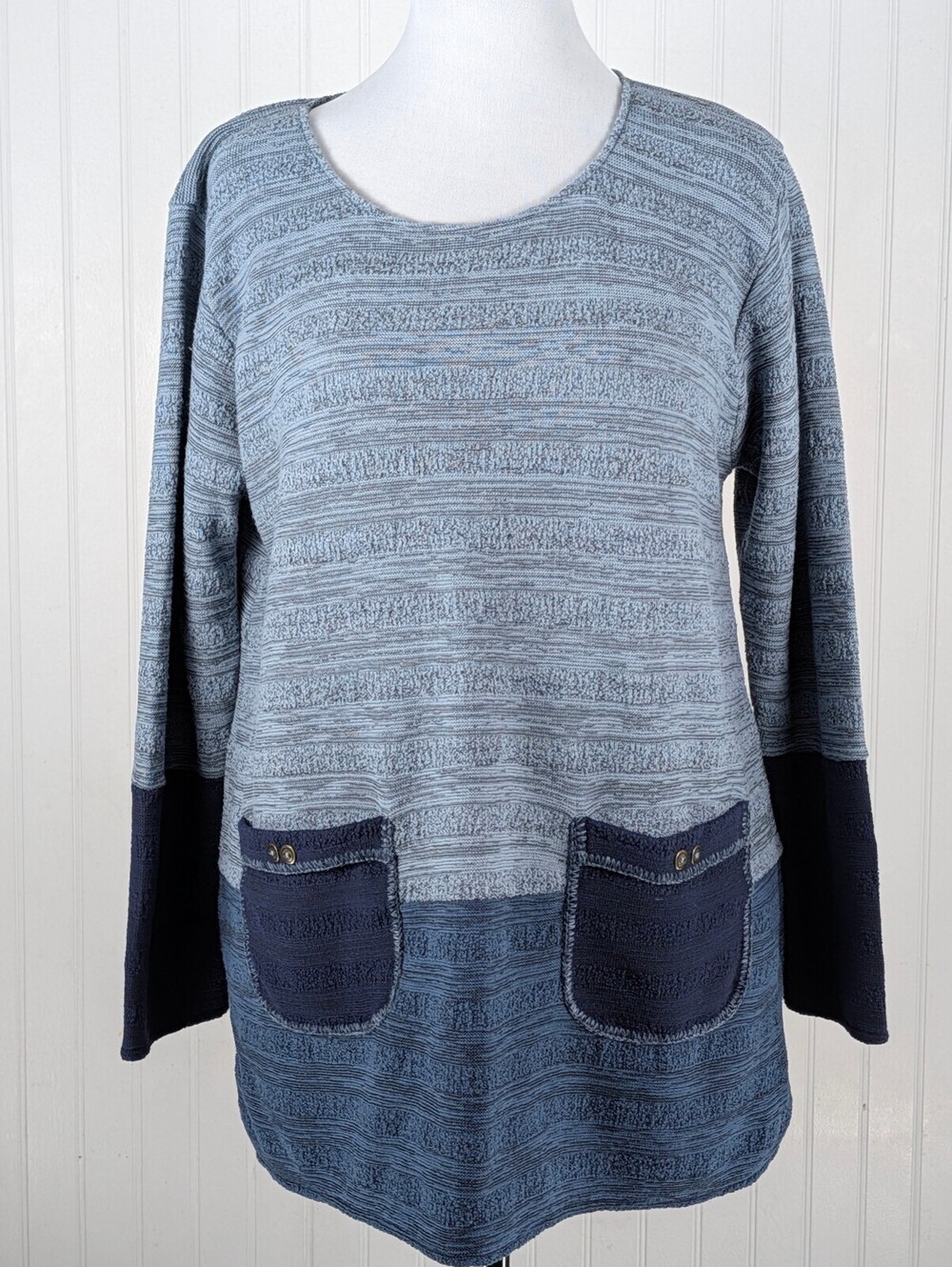 Margaret Winters Lagenlook Cotton Colorblock Pocket Tunic Sweater Blue M